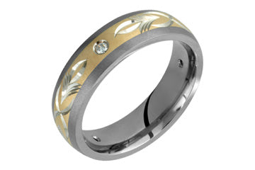 1/11 Carat Diamond Titanium & Yellow Gold Engraved Ring Alain Raphael
