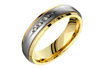 14K Comfort Fit Two-tone yellow and white gold Wedding Band with Diamonds and Sandblast Center Alain Raphael