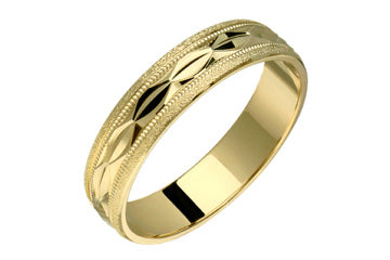 14K Comfort Fit Yellow Gold Wedding Band with Oval Pattern and Sandblasted Edge Alain Raphael