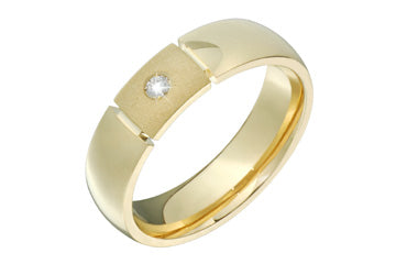 14K Comfort Fit Yellow Gold Wedding Band with Single Diamond Between Two Distinct Cuts Alain Raphael