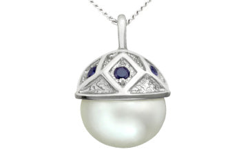 14K White Gold Button Pearl & Blue Sapphire Pendant With Chain Alain Raphael