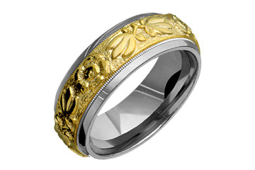 14kt Yellow and White Gold Flowered Center Wedding Band Alain Raphael
