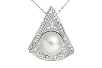 17/20 Carat 14kt White Gold Button Pearl and Diamond Pendant with Chain Alain Raphael