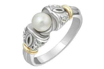 7/50 Carat Two-Tone Cultured Pearl & Diamond Carved Ring Alain Raphael