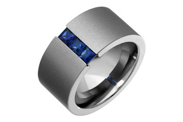 Deep Dark Blue Square Sapphire Trio & Titanium Ring Alain Raphael