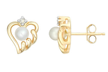 Diamond & Button Pearl 14K Yellow Gold Heart Earrings Alain Raphael