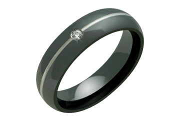 Domed Black Titanium Band with Grey center Groove and Diamond Alain Raphael