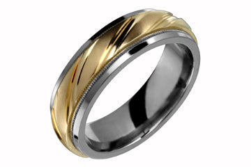 Domed Comfort Fit Titanium Band with Yelllow Gold Diagonally Engraved Inlay Alain Raphael