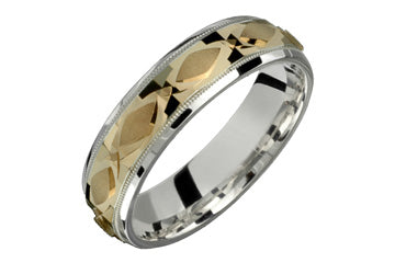 Engraved Leaf Design Silver & Yellow Gold Wedding Band Alain Raphael