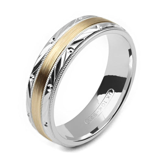 Silver & Yellow Gold Wedding Band With Engraved Motif Alain Raphael