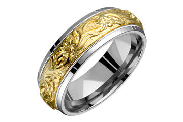 Titanium & 14K Yellow Gold Floral Carved Ring Alain Raphael