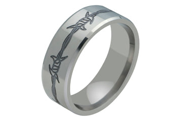Titanium Ring with Black Titanium Barb Wire Engraving and Bevel Edge Alain Raphael