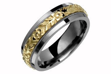 Titanium and 14kt Yellow Gold Domed Floral Engraved Wedding Band Alain Raphael