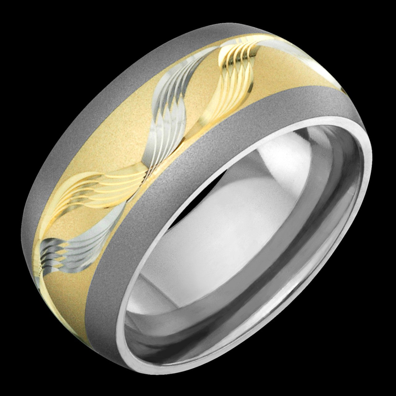 Men’s Titanium and 14K gold wedding band with wave design engraving handcrafted in Montreal – side angle