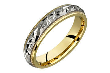 14K Flat Comfort Fit Two-tone White and Yellow Gold Wedding Band With Florid Pattern