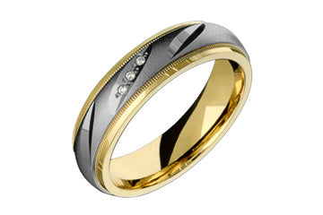 14K Comfort Fit Two-tone yellow and white gold Wedding Band with 3 Diamonds and Sandblast Center