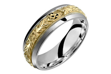 14kt Two-Tone Flower Carved Wedding Band