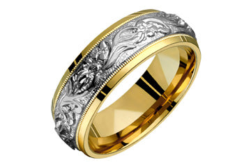14kt Two-Tone Engraved Comfort Fit Wedding Band