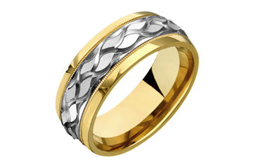 14kt Engraved Center Yellow and White Gold Wedding Band