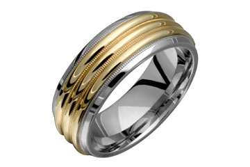 14K Comfort Fit Yellow and White Gold Wedding Band with Beaded Lines