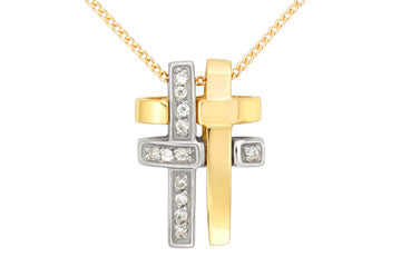 Pendentif croix bicolore en diamant 1/8 carat 14 carats avec chaîne