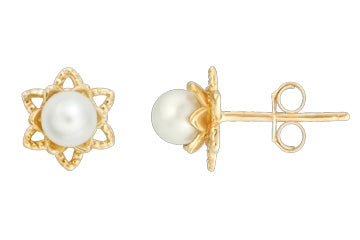 14K Yellow Gold White Button Pearl Star Earrings