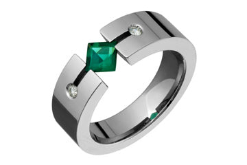3/50 Carat Diamond & Square Emerald Titanium Ring