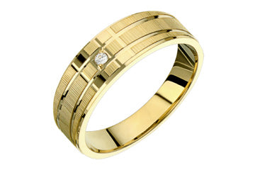 14kt Yellow Gold Tapered Engraved Wedding Band with Diamond