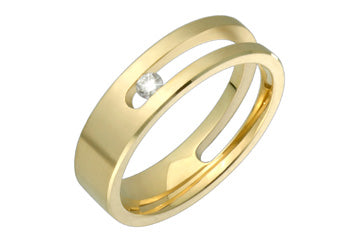 14K Comfort Fit Yellow Gold Diamond Wedding Band with Half Cut Out Center
