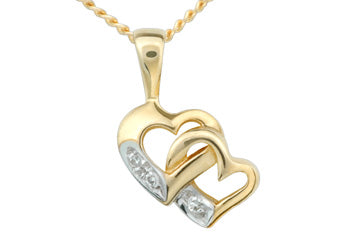 14K Yellow Gold Double Heart Diamond Pendant With Chain