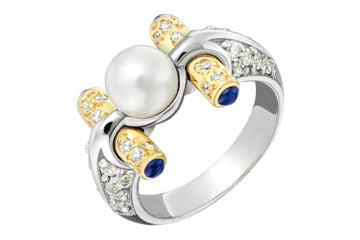 14/25 Carat Two Tone 14kt Pearl, Diamond and Blue Sapphire Ring