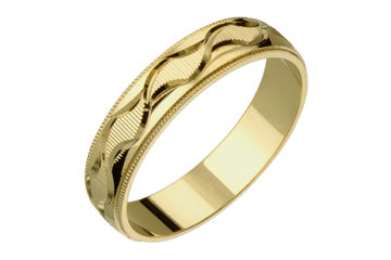 14K Comfort Fit Yellow Gold Wedding Band with Swirl Cut