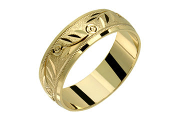 14K Comfort Fit Yellow Gold Wedding Band with Leaf Motif