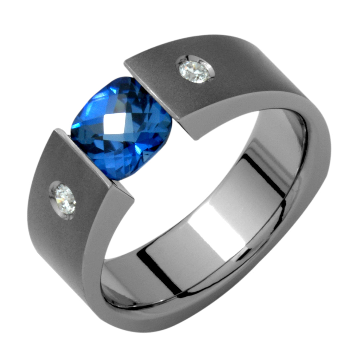 Modern Titanium Blue Sapphire and Diamond Ring