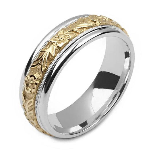 Flower Carved Silver & Gold Wedding Band