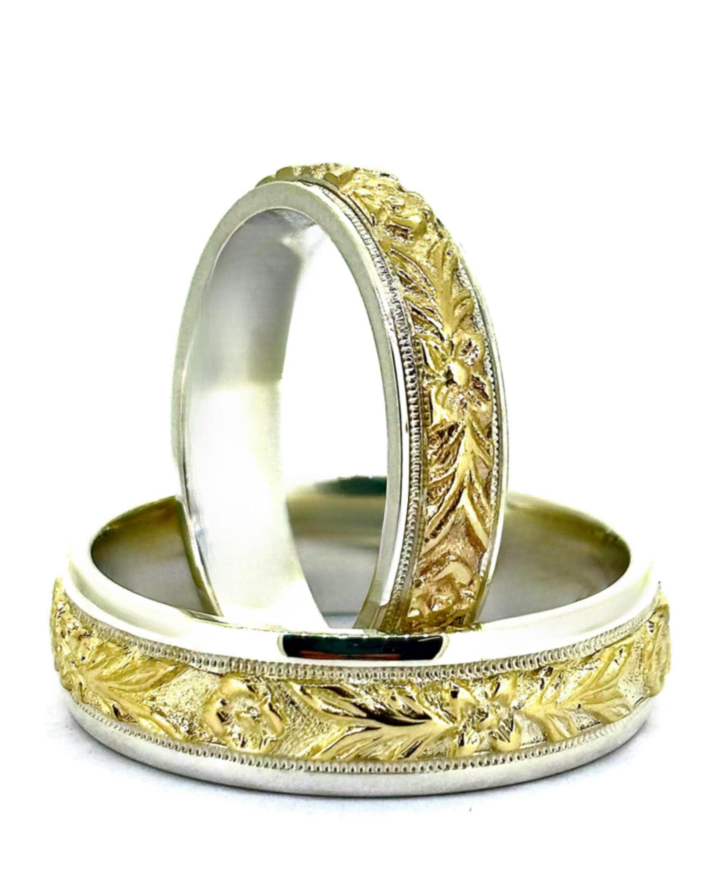 5mm and 7mm Wide Flower Carved Silver & Gold Wedding Band Set