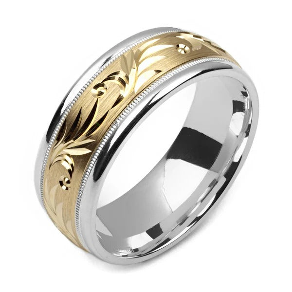 Silver Wedding Band With Yellow Gold Leaf Design