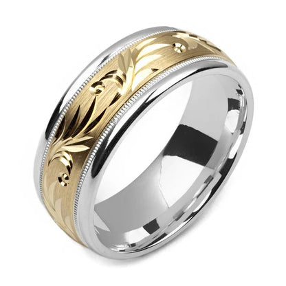 Silver Wedding Band With Yellow Gold Leaf Design