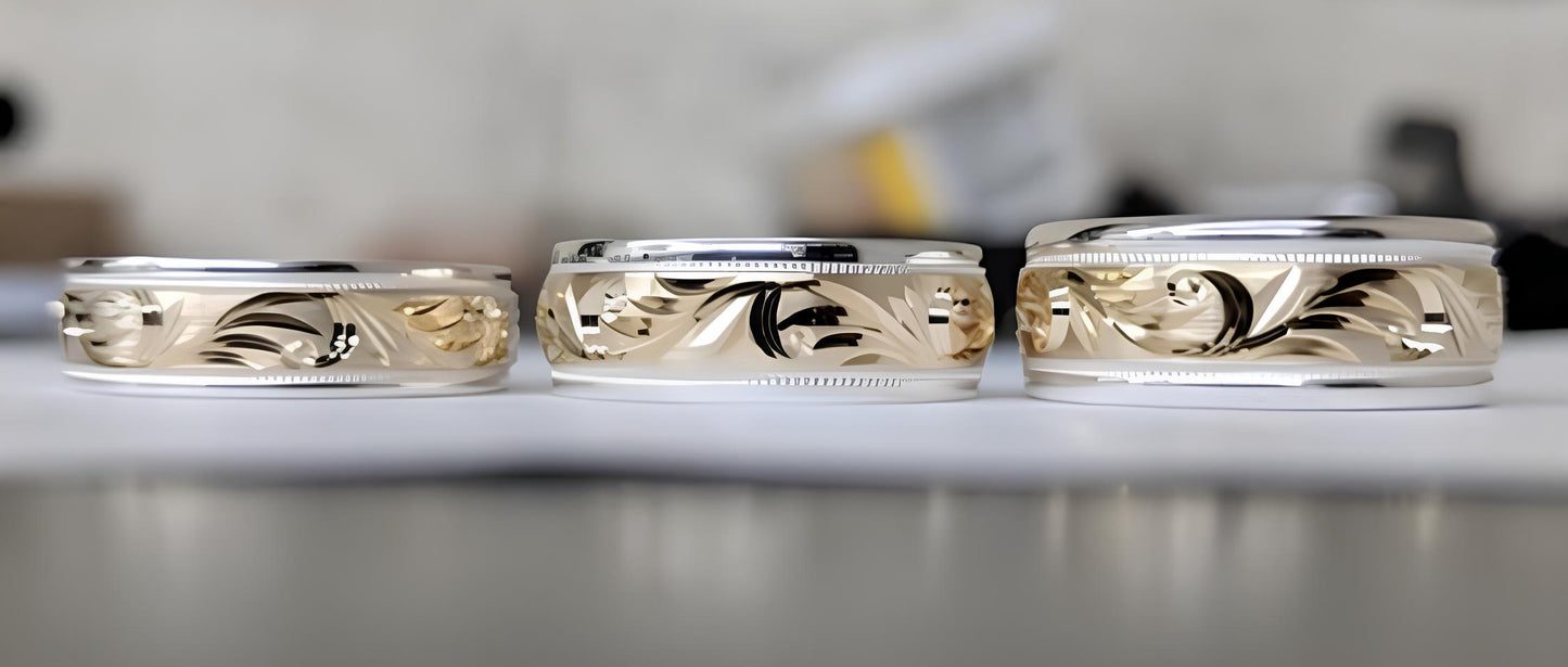 Silver Wedding Band With Yellow Gold Leaf Design