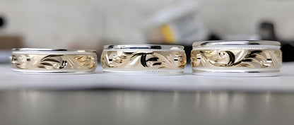 Silver Wedding Band With Yellow Gold Leaf Design
