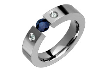 Bague en titane tension diamant 1/20 carat et saphir bleu