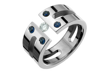 Bague en titane tension diamant 1/10 carat et saphir bleu